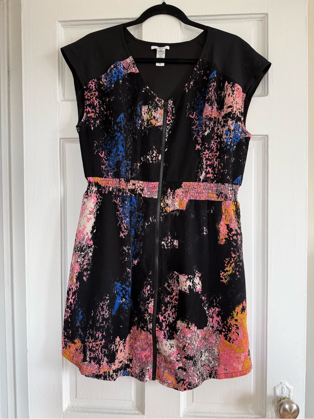 Bar III Black Dress with Pink, Blue & Yellow Abstract Print